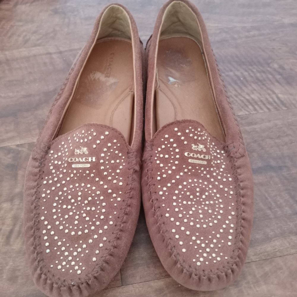 Coach Taupe Suede Studded Moccasin Flats
